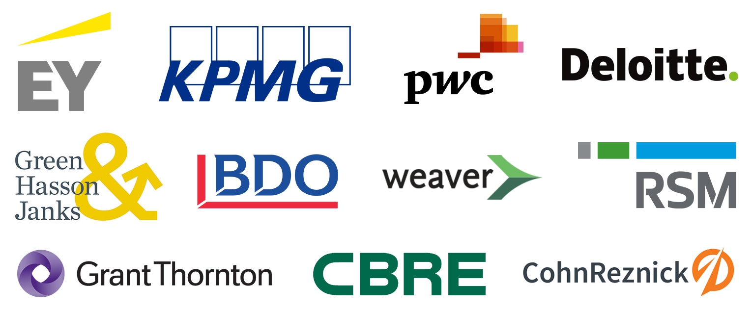 Collage of Institutions Logos, including BDO, CBRE, CohnReznick, Deloitte, EY, Grant Thornton, Green Hasson Janks, KPMG, PwC, RSM and Weaver